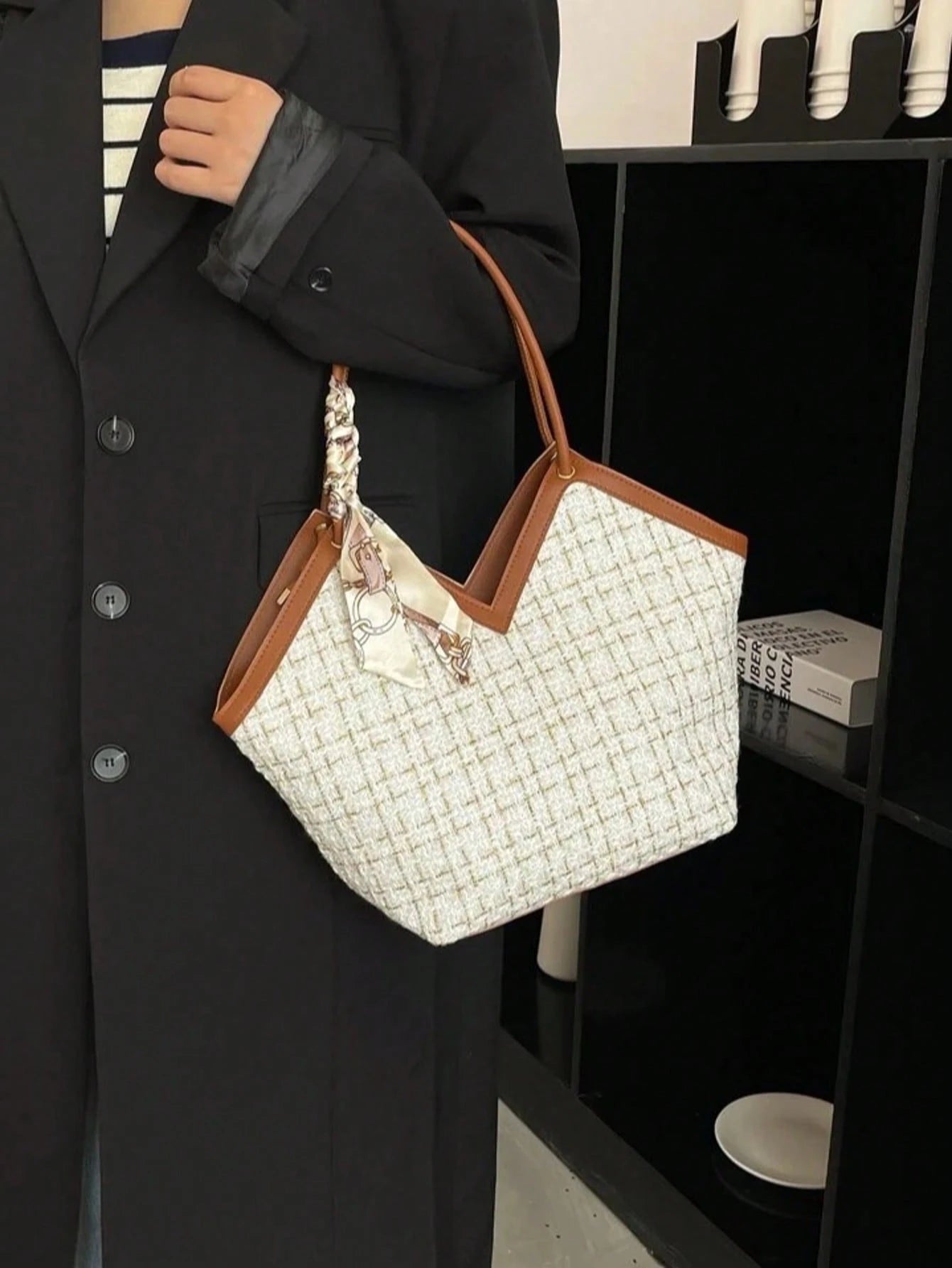 Plaid Tweed Bow-Accent Lightweight Shoulder Tote for Women