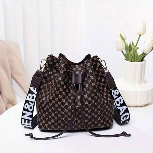 Chic Large-Capacity Women’s Bucket Bag with Unique Print & Drawstring Design