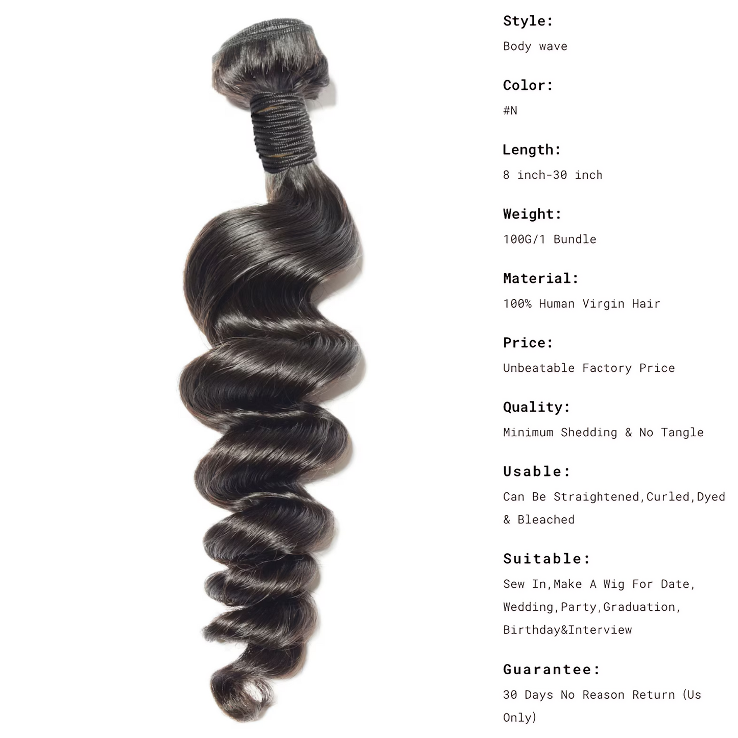 KBHconcepts 10-30 Inch Loose Wave Luxury Virgin Hair Bundles # 1B Natural Black