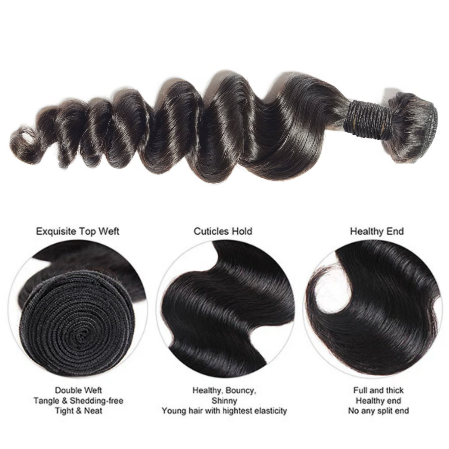 KBHconcepts 10-30 Inch Loose Wave Luxury Virgin Hair Bundles # 1B Natural Black