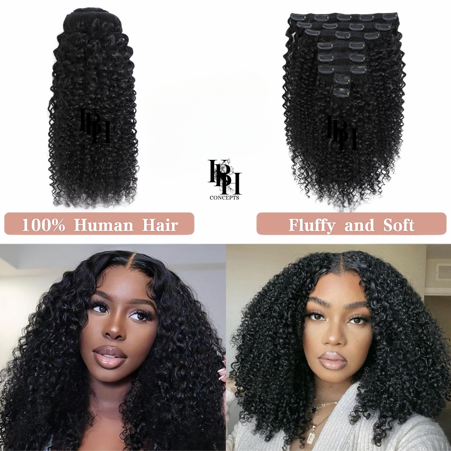 Kinky Curly Clip-Ins Human Hair For 3C & 4A Texture Hair Extensions Full Head for Black Women with 20Clips Natural Black