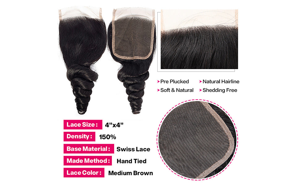 KBHconcepts 12A Big Loose Wave Brazilian Bundles With 4X4 Lace Closure Free Part Unprocessed Human Virgin Hair