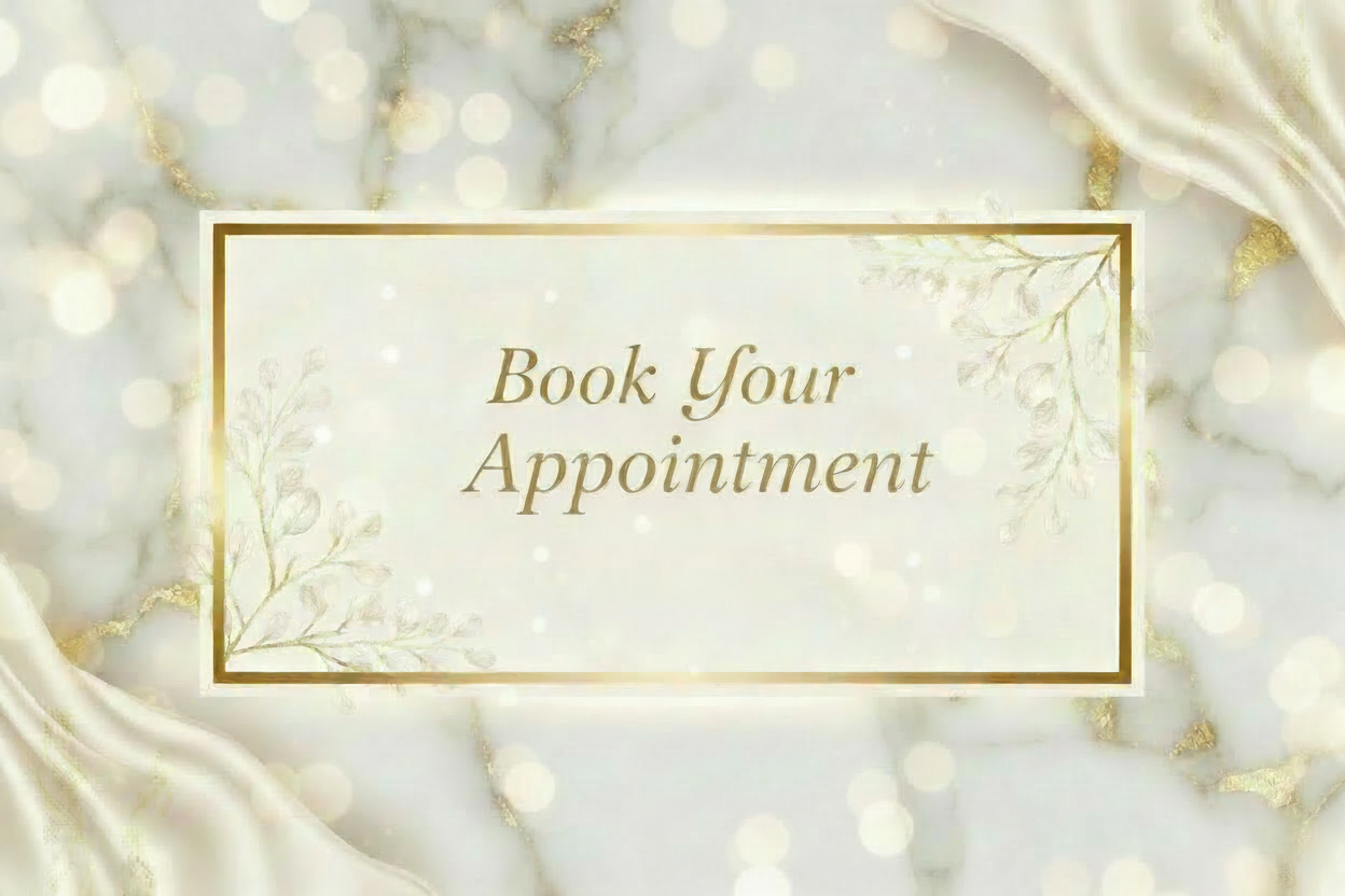 Decorative text 'Book Your Appointment' on a marble background with gold accents