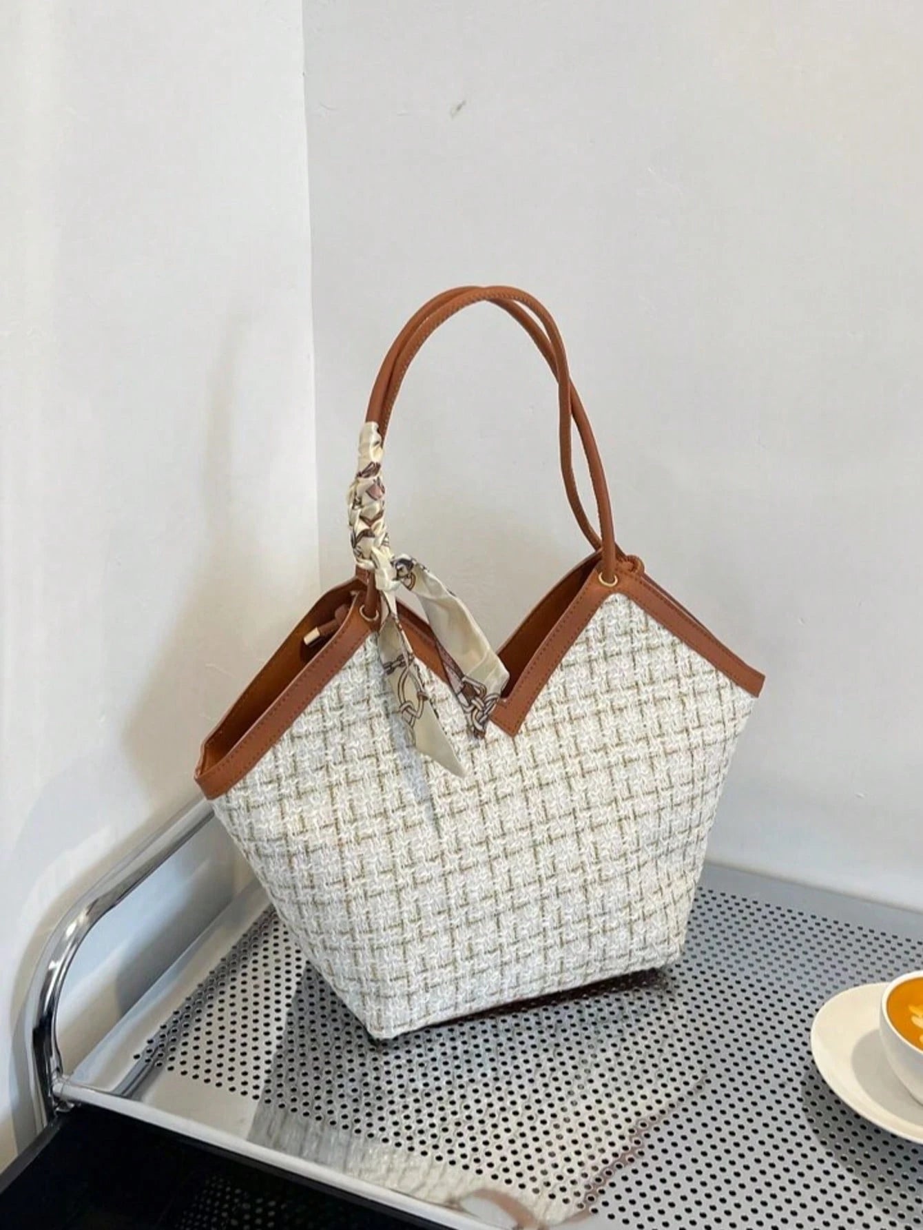 Plaid Tweed Bow-Accent Lightweight Shoulder Tote for Women