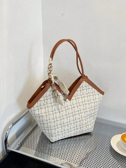 Plaid Tweed Bow-Accent Lightweight Shoulder Tote for Women