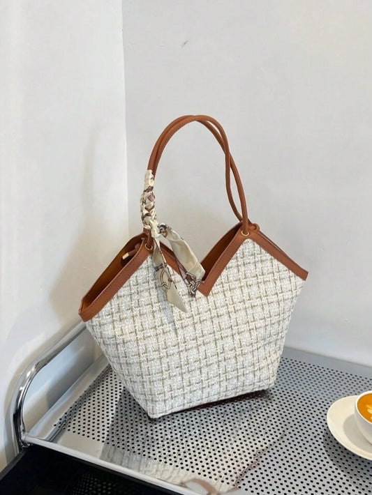 Plaid Tweed Bow-Accent Lightweight Shoulder Tote for Women