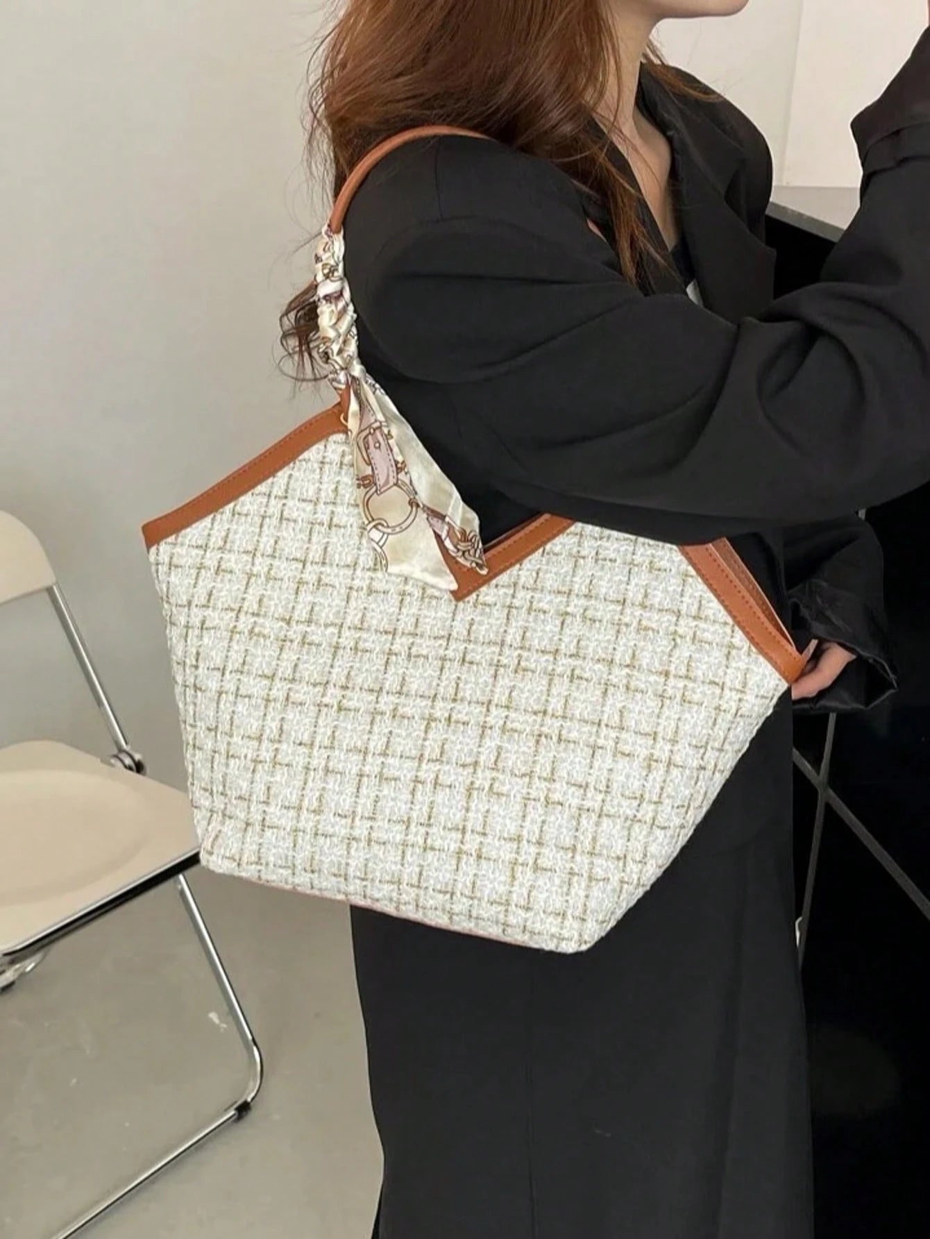 Plaid Tweed Bow-Accent Lightweight Shoulder Tote for Women