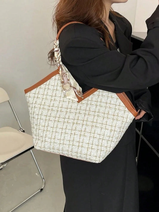 Plaid Tweed Bow-Accent Lightweight Shoulder Tote for Women