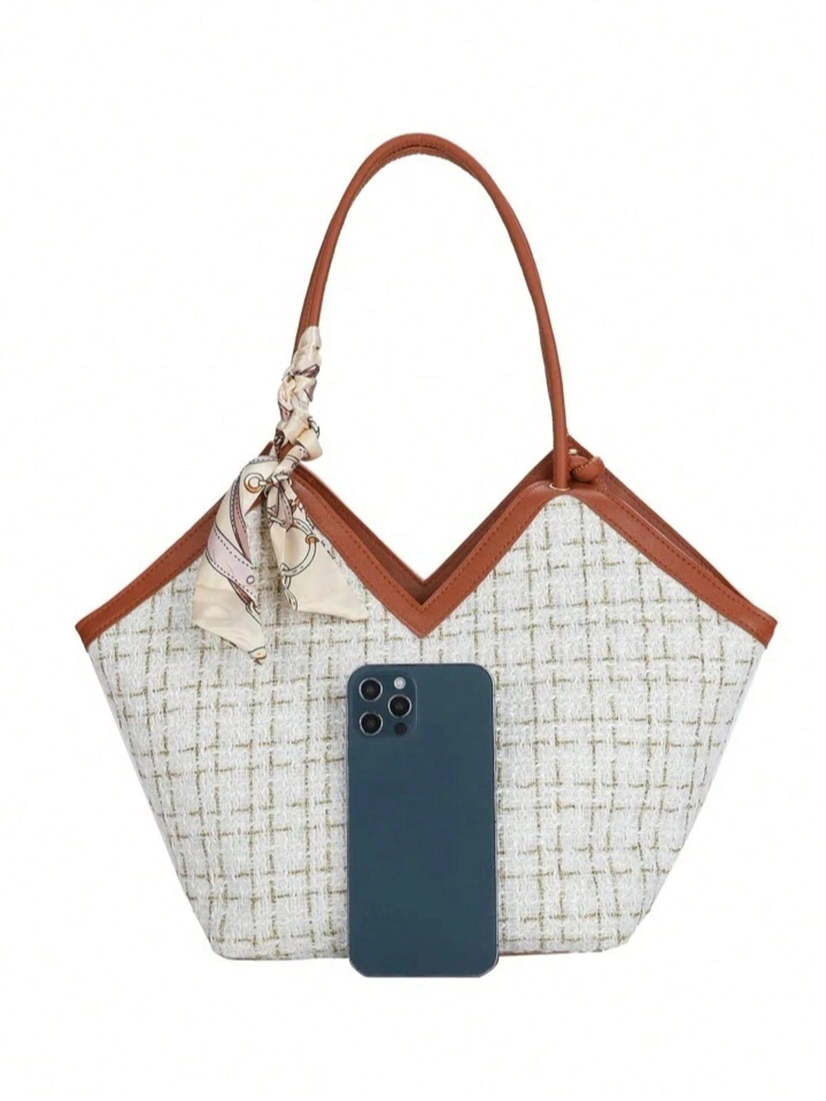 Plaid Tweed Bow-Accent Lightweight Shoulder Tote for Women