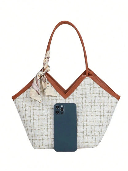 Plaid Tweed Bow-Accent Lightweight Shoulder Tote for Women