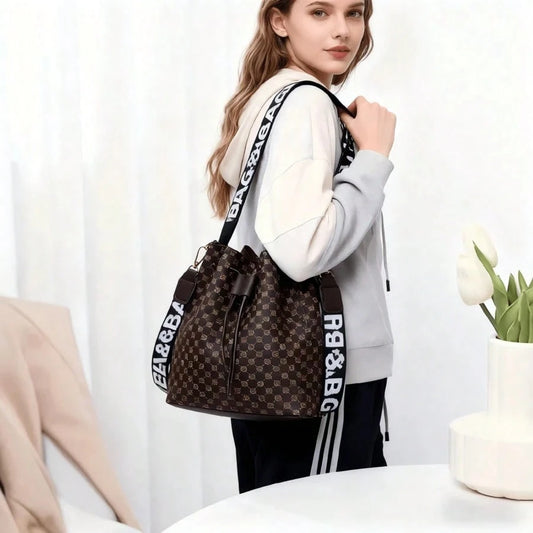 Chic Large-Capacity Women’s Bucket Bag with Unique Print & Drawstring Design