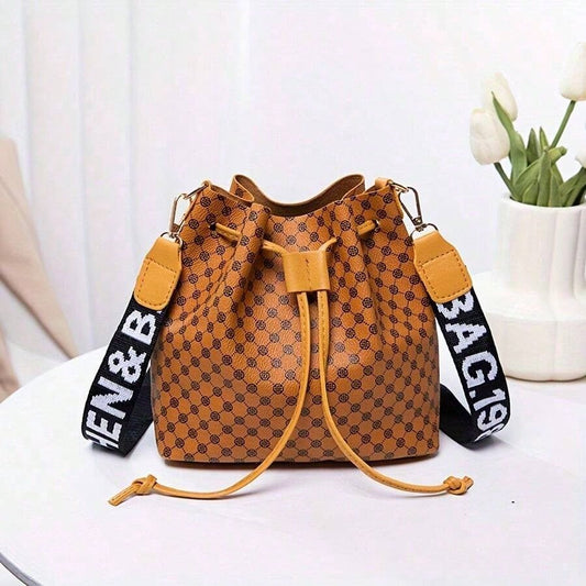 Chic Large-Capacity Women’s Bucket Bag with Unique Print & Drawstring Design
