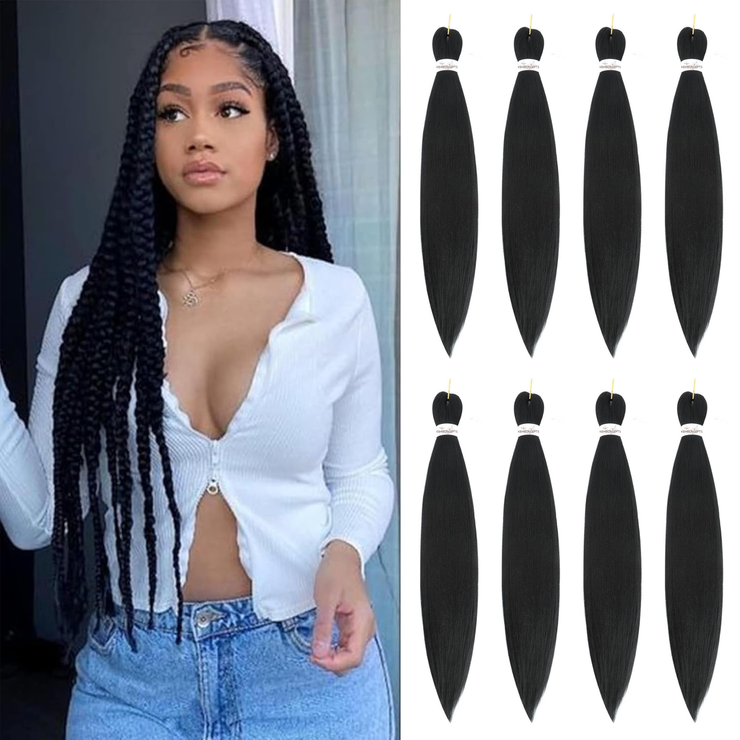 Woman with long braided hair next to bundles of black hair extensions.