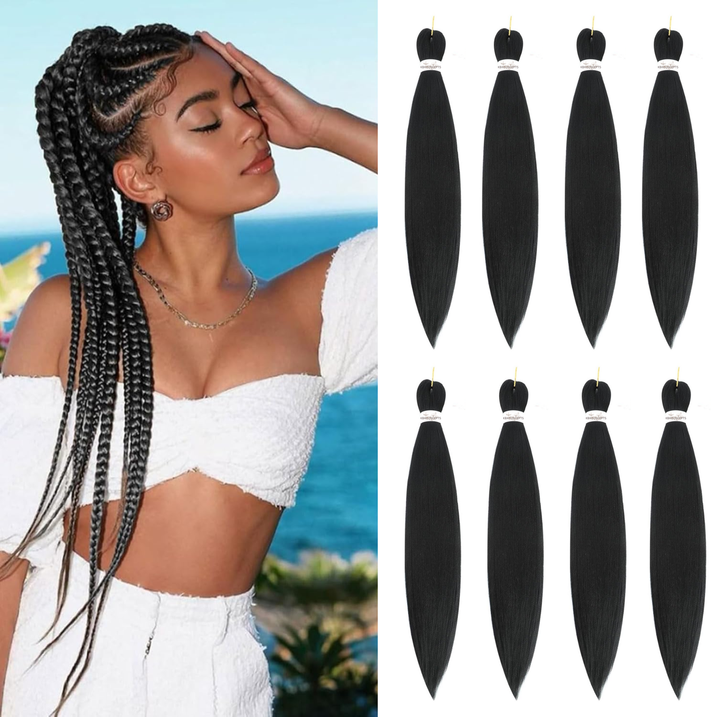 Woman with braided hair next to bundles of black hair extensions by the ocean.