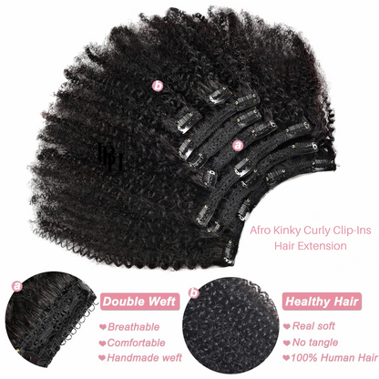 Afro Kinky 10A Curly Clip-Ins Human Hair Extensions For 4B & 4C Texture Natural Hair For Black Women Brazilian Remy Hair With 18Clips