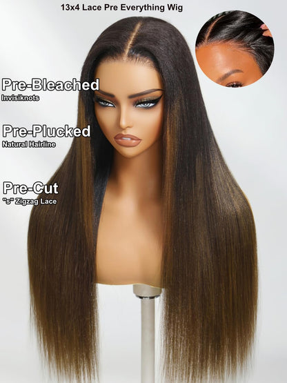 Yaki Straight 13x4 Lace Front Human Hair Wig with Drawstring. Glueless Frontal, Pre-Plucked & Pre-Cut Bleached Knots Chestnut Brown Ombre Color 150% Density