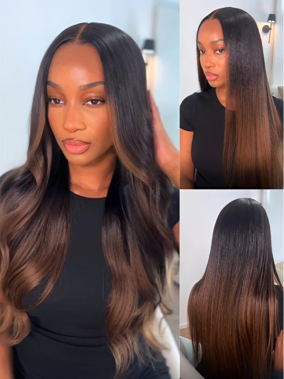 Yaki Straight 13x4 Lace Front Human Hair Wig with Drawstring. Glueless Frontal, Pre-Plucked & Pre-Cut Bleached Knots Chestnut Brown Ombre Color 150% Density