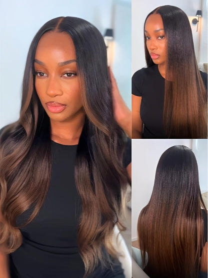 Yaki Straight 13x4 Lace Front Human Hair Wig with Drawstring. Glueless Frontal, Pre-Plucked & Pre-Cut Bleached Knots Chestnut Brown Ombre Color 150% Density