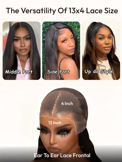 Yaki Straight 13x4 Lace Front Human Hair Wig with Drawstring. Glueless Frontal, Pre-Plucked & Pre-Cut Bleached Knots Chestnut Brown Ombre Color 150% Density