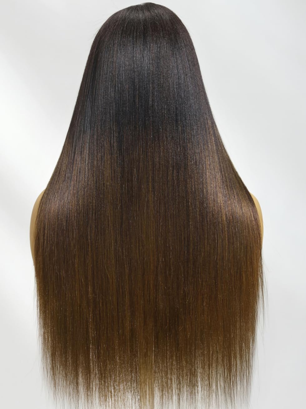 Yaki Straight 13x4 Lace Front Human Hair Wig with Drawstring. Glueless Frontal, Pre-Plucked & Pre-Cut Bleached Knots Chestnut Brown Ombre Color 150% Density