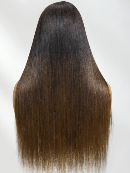 Yaki Straight 13x4 Lace Front Human Hair Wig with Drawstring. Glueless Frontal, Pre-Plucked & Pre-Cut Bleached Knots Chestnut Brown Ombre Color 150% Density