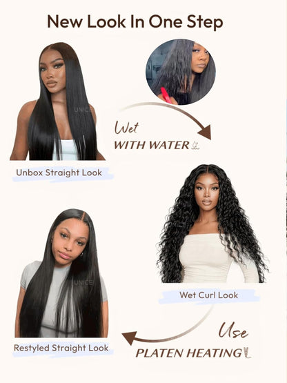 2-in-1 Straight & Water Wave Human Hair Wig – 13x4 Glueless Lace Front with Adjustable Drawstring, Pre-Plucked Hairline, Pre-Cut Lace & Bleached Knots, 20"