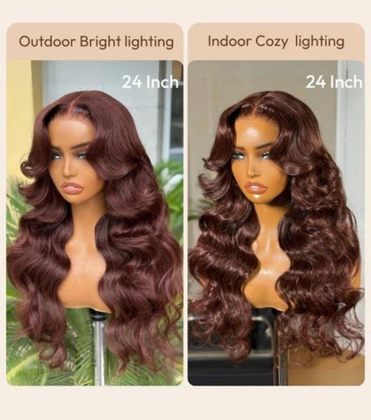 100% Human Hair Glueless Auburn Brown 13×4 Pre-Everything Lace Frontal Loose Wave Wig Invisible Drawstring, Face Framing Layers, 150% Density