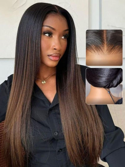 Yaki Straight 13x4 Lace Front Human Hair Wig with Drawstring. Glueless Frontal, Pre-Plucked & Pre-Cut Bleached Knots Chestnut Brown Ombre Color 150% Density
