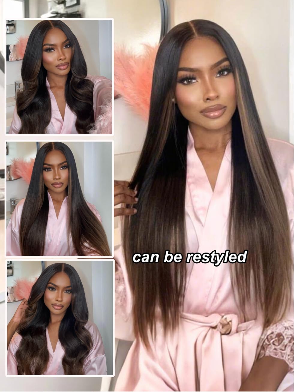 Yaki Straight 13x4 Lace Front Human Hair Wig with Drawstring. Glueless Frontal, Pre-Plucked & Pre-Cut Bleached Knots Chestnut Brown Ombre Color 150% Density