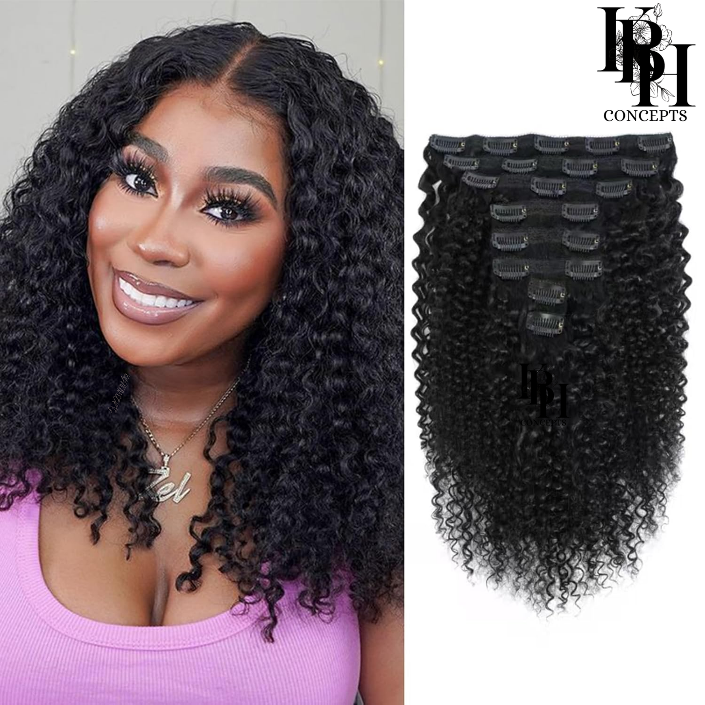 Kinky Curly Clip-Ins Human Hair For 3C & 4A Texture Hair Extensions Full Head for Black Women with 20Clips Natural Black