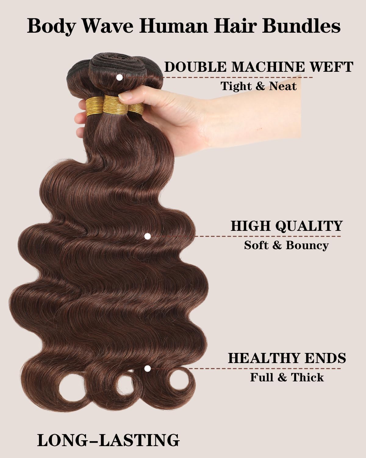 Brazilian Body Wave Hair Bundles with Lace Closure. 10A Light Brown Virgin Hair with Natural Baby Hair. Includes 3 Bundles and a Matching Lace Closure for a Seamless, Full Look.