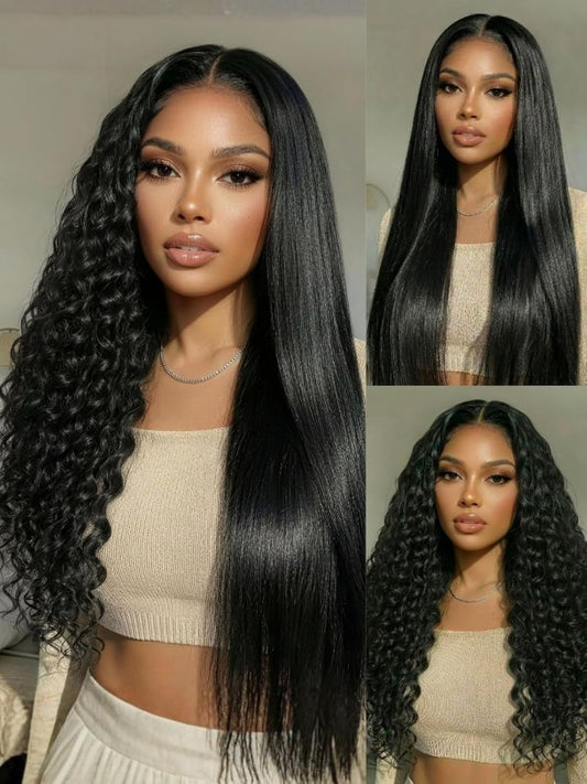 2-in-1 Straight & Water Wave Human Hair Wig – 13x4 Glueless Lace Front with Adjustable Drawstring, Pre-Plucked Hairline, Pre-Cut Lace & Bleached Knots, 20"