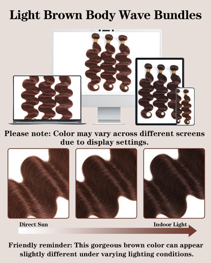 Brazilian Body Wave Hair Bundles with Lace Closure. 10A Light Brown Virgin Hair with Natural Baby Hair. Includes 3 Bundles and a Matching Lace Closure for a Seamless, Full Look.