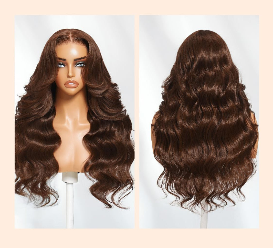 100% Human Hair Glueless Auburn Brown 13×4 Pre-Everything Lace Frontal Loose Wave Wig Invisible Drawstring, Face Framing Layers, 150% Density