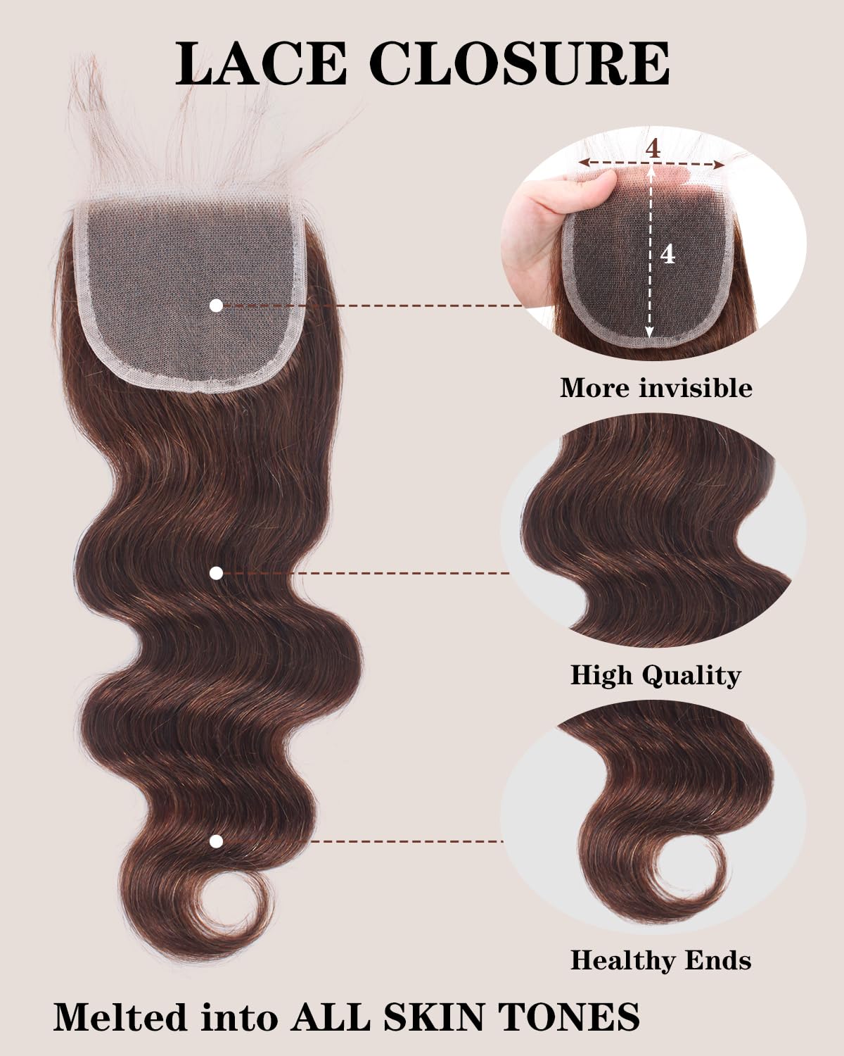 Brazilian Body Wave Hair Bundles with Lace Closure. 10A Light Brown Virgin Hair with Natural Baby Hair. Includes 3 Bundles and a Matching Lace Closure for a Seamless, Full Look.