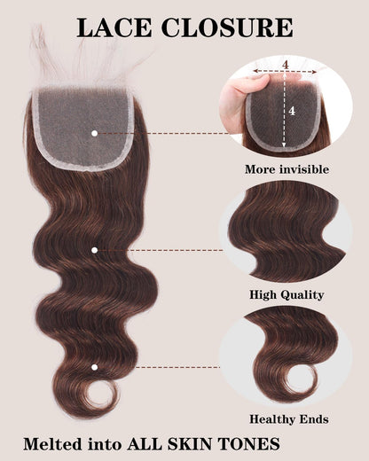 Brazilian Body Wave Hair Bundles with Lace Closure. 10A Light Brown Virgin Hair with Natural Baby Hair. Includes 3 Bundles and a Matching Lace Closure for a Seamless, Full Look.
