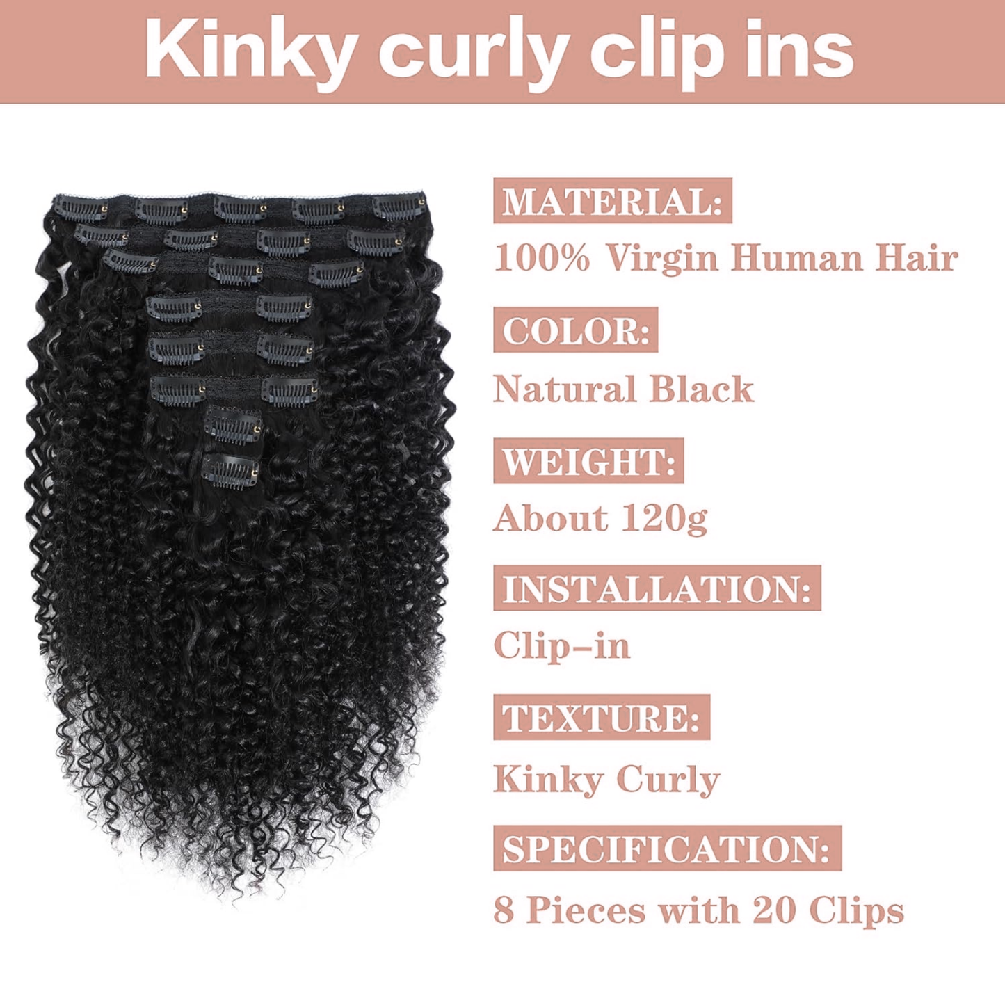 Kinky Curly Clip-Ins Human Hair For 3C & 4A Texture Hair Extensions Full Head for Black Women with 20Clips Natural Black