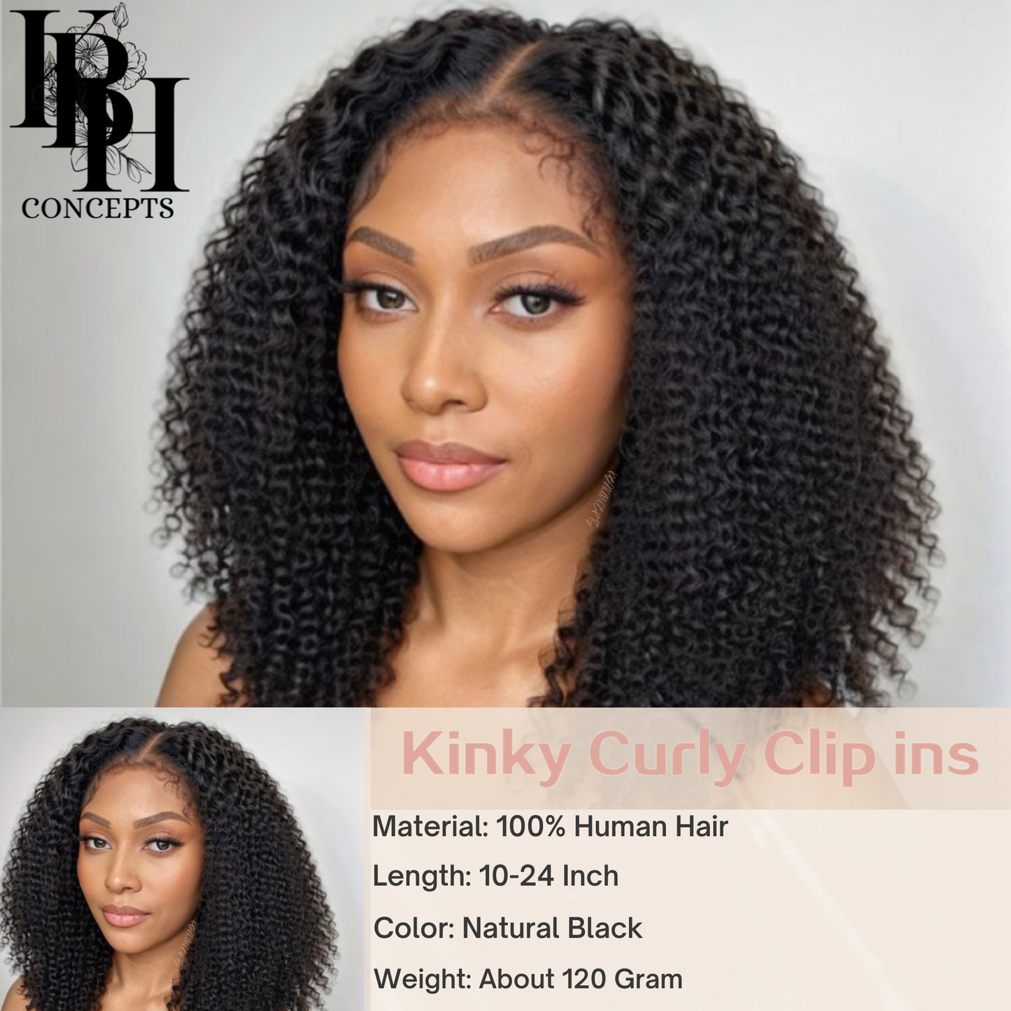 Kinky Curly Clip-Ins Human Hair For 3C & 4A Texture Hair Extensions Full Head for Black Women with 20Clips Natural Black