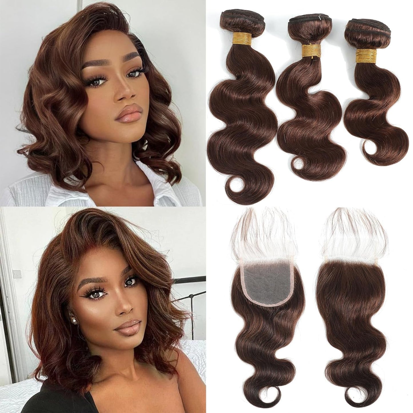 Brazilian Body Wave Hair Bundles with Lace Closure. 10A Light Brown Virgin Hair with Natural Baby Hair. Includes 3 Bundles and a Matching Lace Closure for a Seamless, Full Look.