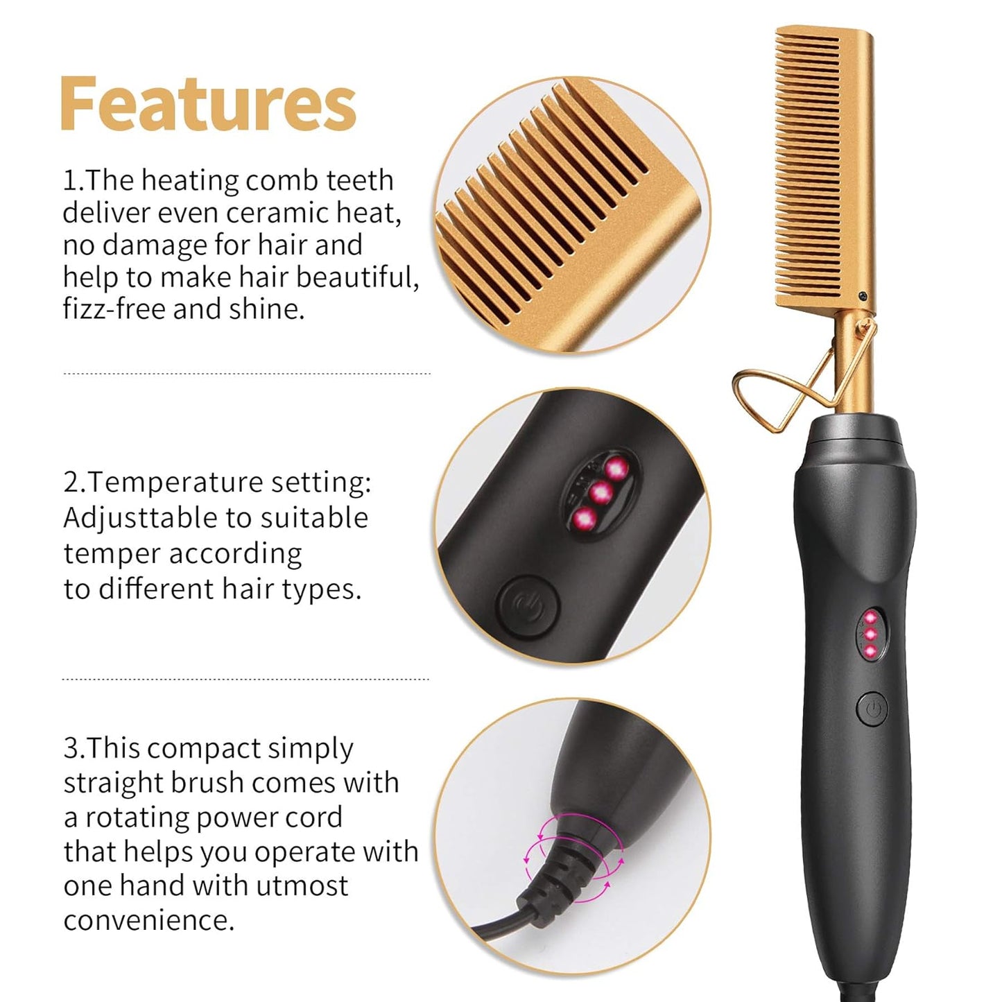 Hot Comb Hair Straightener Pressing Combs - Ceramic Electric Straightening Comb for Natural Black Beard Wigs Holiday Gift