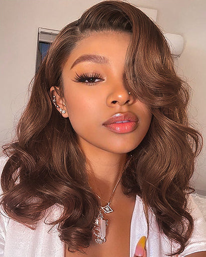 100% Human Hair Glueless Auburn Brown 13×4 Pre-Everything Lace Frontal Loose Wave Wig Invisible Drawstring, Face Framing Layers, 150% Density