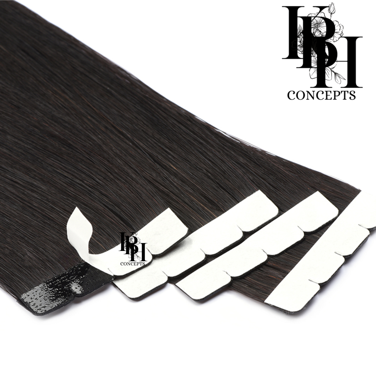 Tape in Hair extensions with a brand logo on a white background