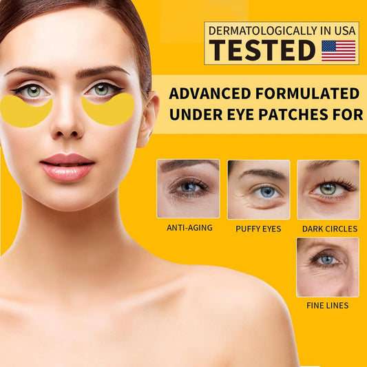 Under eye patches for puffy eyes with a woman's face and benefits listed 