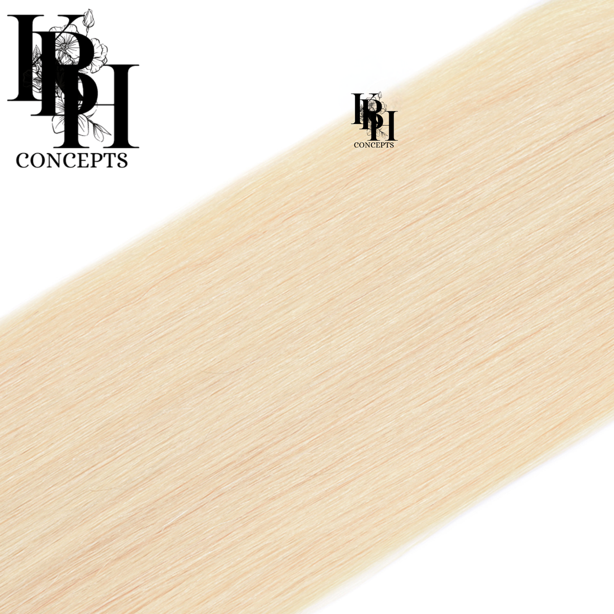 Blonde hair extensions with 'kbhconcepts' logo on a white background