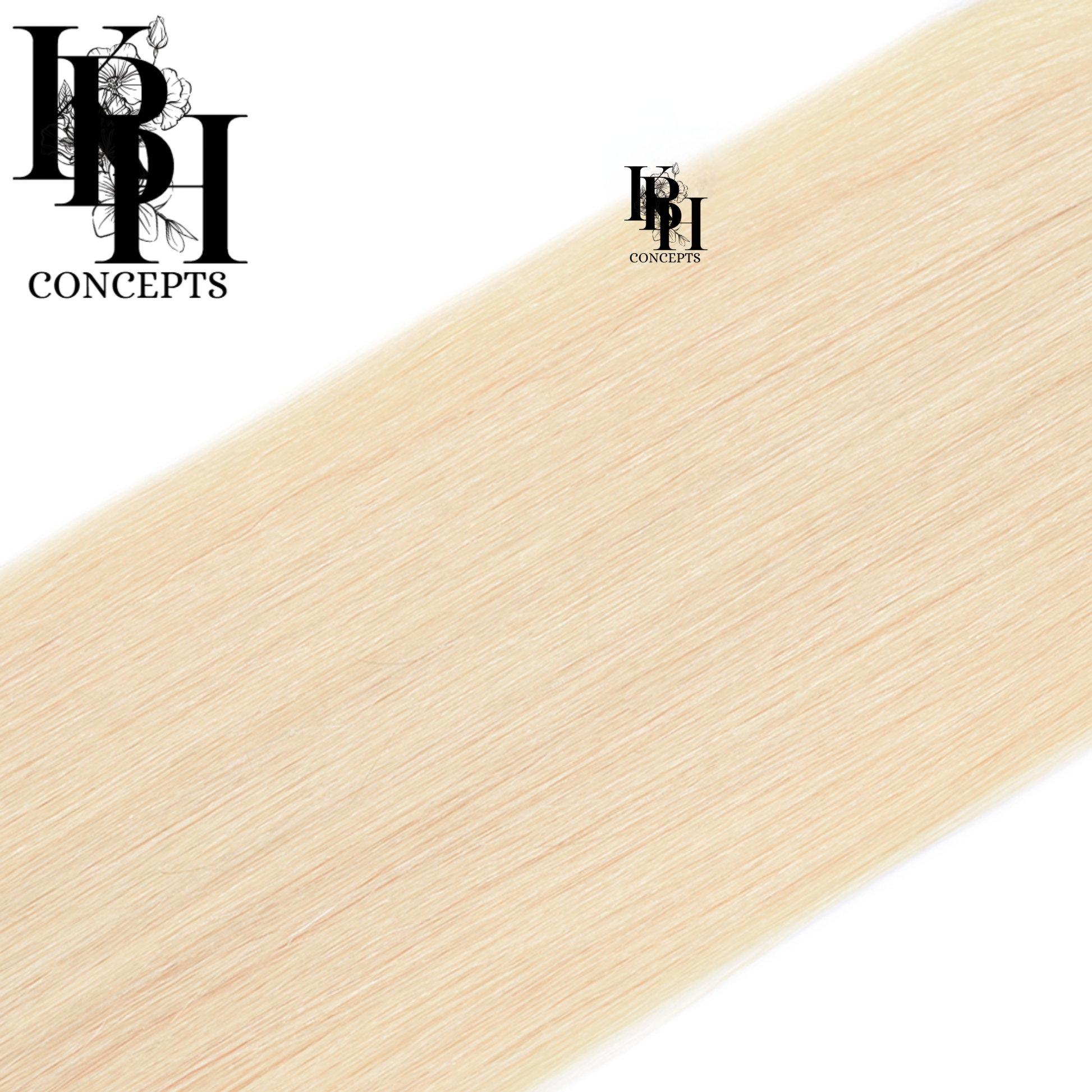 Blonde hair extensions with 'kbhconcepts' logo on a white background