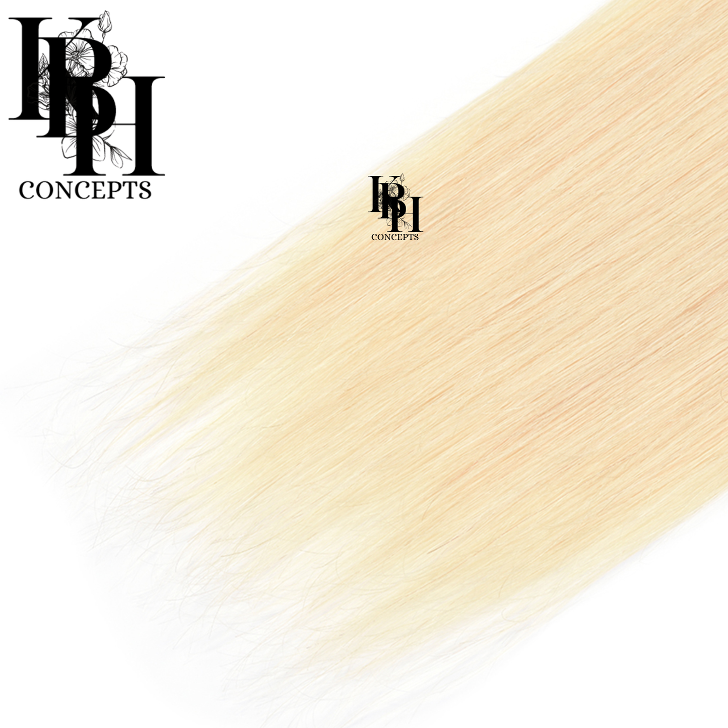 Light blonde hair extensions with a brand logo on a white background
