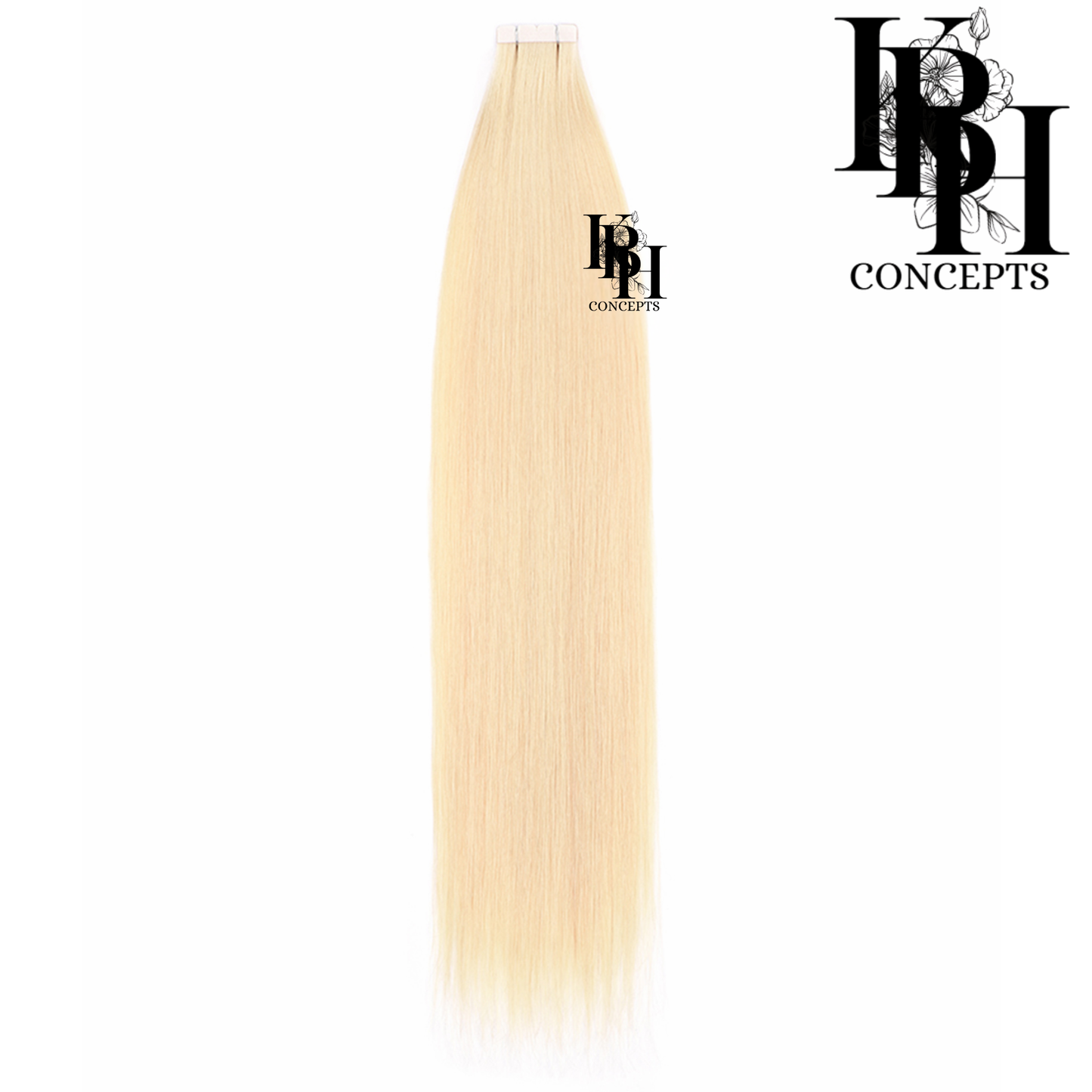 Blonde hair extensions on a white background with 'kbhconcepts branding.