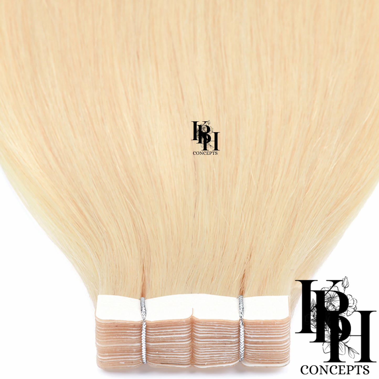 Blonde hair extensions with a visible brand logo on a white background