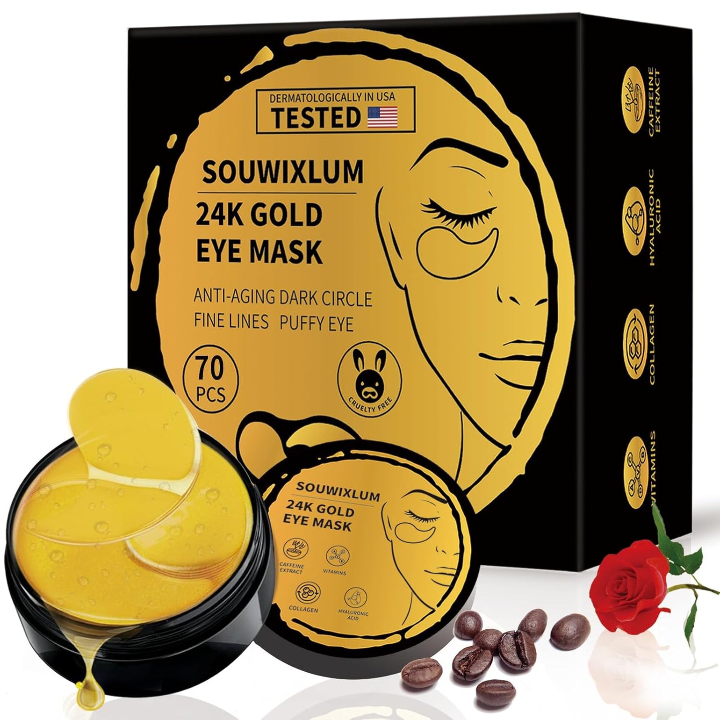 Kbhconcepts SOUWIXLUM 24K Gold Eye Mask packaging with eye masks and a rose on a white background