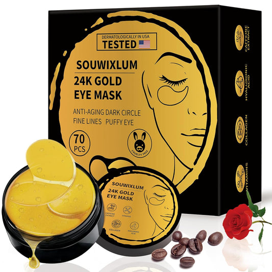 Kbhconcepts SOUWIXLUM 24K Gold Eye Mask packaging with eye masks and a rose on a white background